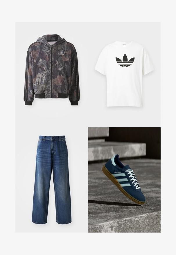 Chaqueta con capucha y cremallera que presenta un patrón de camuflaje con detalles en hojas marrones y negras, puños negros y tres rayas negras en las mangas.; Camiseta de algodón blanca con un gran logo de trébol negro de Adidas y tres franjas horizontales debajo. Manga corta, cuello redondo.; Jeans de mezclilla azul de cintura alta con un diseño de pierna ancha, que presentan un ligero desvanecimiento, bolsillos delanteros y un cierre de botón en la cintura.; Zapatilla azul Adidas Spezial con rayas y cordones blancos, suela de goma, flotando sobre una superficie de hormigón rugosa y escaleras de fondo.