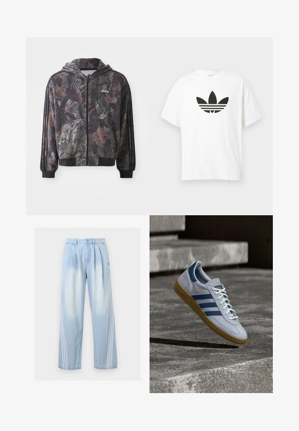 Chaqueta con capucha y cremallera que presenta un patrón de camuflaje con detalles en hojas marrones y negras, puños negros y tres rayas negras en las mangas.; Camiseta de algodón blanca con un gran logo de trébol negro de Adidas y tres franjas horizontales debajo. Manga corta, cuello redondo.; Pantalones vaqueros azul claro con franjas blancas en los costados, frente plisado, cintura con botones y corte recto en la pierna.; Zapatilla Adidas Spezial azul claro con rayas azul marino y suela de goma, mostrada en el aire sobre escalones de hormigón en un entorno exterior neutral.