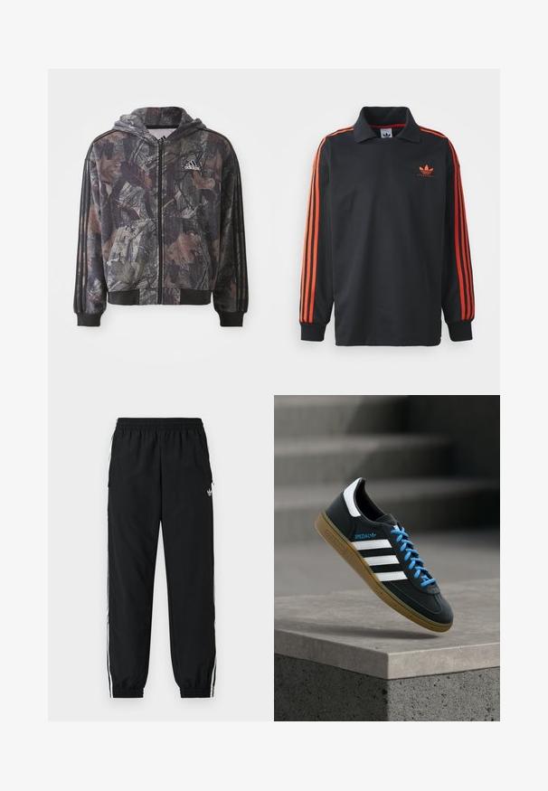 Chaqueta con capucha y cremallera que presenta un patrón de camuflaje con detalles en hojas marrones y negras, puños negros y tres rayas negras en las mangas.; Polo negro de manga larga con cuello, que presenta franjas rojas en las mangas y un pequeño logo rojo en el pecho. Textura de tela suave.; Pantalones deportivos negros con cintura elástica y puños fruncidos. Presentan franjas blancas a los lados y un pequeño logo en la parte frontal izquierda.; Zapatilla negra Adidas con franjas blancas, cordones azules y suela de goma flotando sobre un escalón de hormigón gris con luz suave.