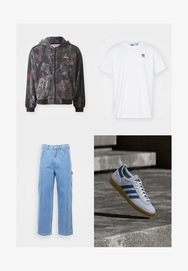 Chaqueta con capucha y cremallera que presenta un patrón de camuflaje con detalles en hojas marrones y negras, puños negros y tres rayas negras en las mangas.; Camiseta blanca de algodón con mangas cortas, escote redondo y un logo negro de Adidas con tres franjas en la zona del lado izquierdo del pecho.; Pantalones cargo de denim azul claro con pierna recta, bolsillos frontales y bolsillos laterales. La textura de la tela es suave con un acabado ligeramente desgastado.; Zapatilla Adidas Spezial azul claro con rayas azul marino y suela de goma, mostrada en el aire sobre escalones de hormigón en un entorno exterior neutral.
