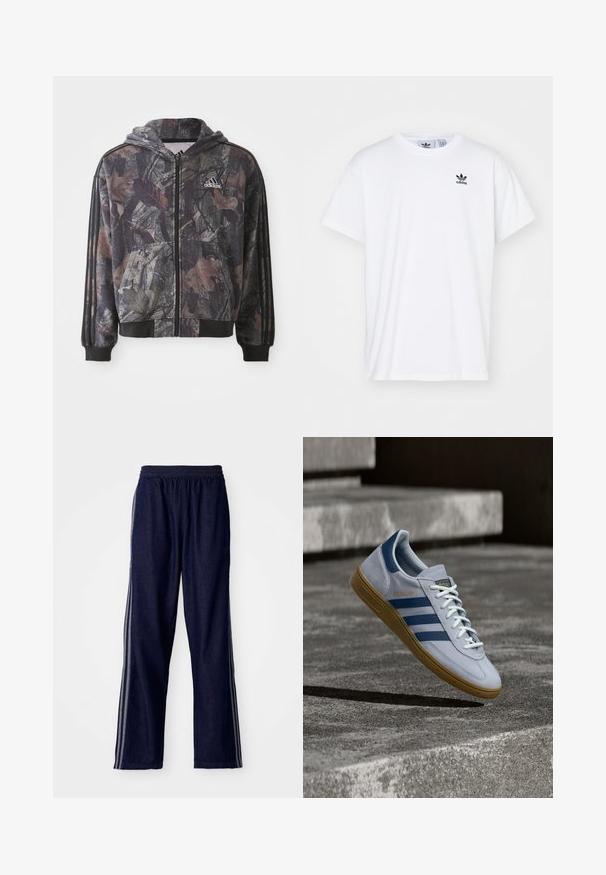 Chaqueta con capucha y cremallera que presenta un patrón de camuflaje con detalles en hojas marrones y negras, puños negros y tres rayas negras en las mangas.; Camiseta blanca de algodón con mangas cortas, escote redondo y un logo negro de Adidas con tres franjas en la zona del lado izquierdo del pecho.; Pantalones deportivos azul marino con cintura elástica, que presentan tres franjas laterales blancas y un diseño de pierna recta. Textura de mezclilla suave.; Zapatilla Adidas Spezial azul claro con rayas azul marino y suela de goma, mostrada en el aire sobre escalones de hormigón en un entorno exterior neutral.