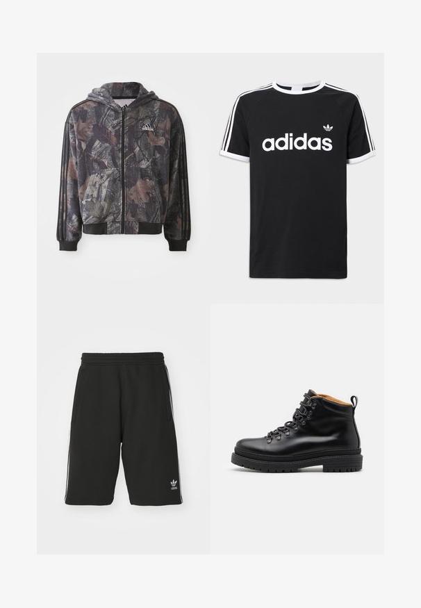 Huppari, jossa on vetoketju ja jota koristaa camo-kuvio ruskeilla ja mustilla lehtiyksityiskohdilla, mustat hihansuut ja kolme mustaa raitaa hihoissa.; Musta puuvillainen t-paita, jossa on valkoinen Adidas-logo, kolme valkoista raitaa olkapäillä sekä valkoiset reunukset kaula-aukossa ja hihoissa.; Mustat lyhyet housut, jotka on valmistettu puuvillasekoitteesta, jossa on joustava vyö. Housuissa on valkoiset sivuraidat ja pieni logo vasemmalla alhaalla.; Zign LEATHER - Nauhalliset nilkkurit - black
