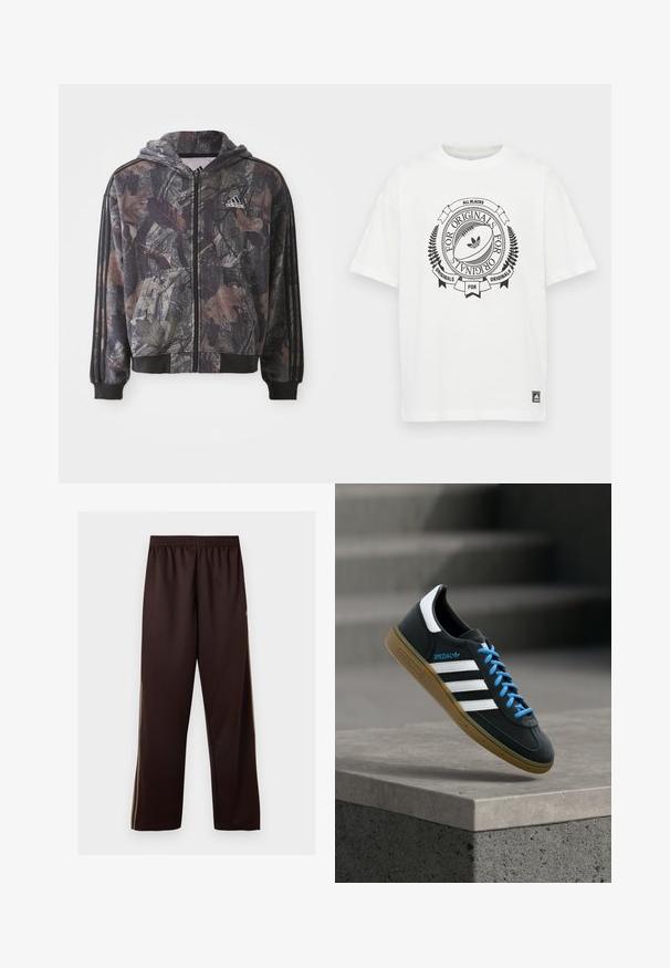 Chaqueta con capucha y cremallera que presenta un patrón de camuflaje con detalles en hojas marrones y negras, puños negros y tres rayas negras en las mangas.; Camiseta de algodón blanca con cuello redondo y mangas cortas. Presenta un diseño gráfico negro que incluye una pelota de rugby y texto.; Pantalones de pernera ancha en marrón oscuro con cintura elástica y sutiles rayas laterales en marrón claro, mostrados sobre un fondo blanco liso.; Zapatilla negra Adidas con franjas blancas, cordones azules y suela de goma flotando sobre un escalón de hormigón gris con luz suave.
