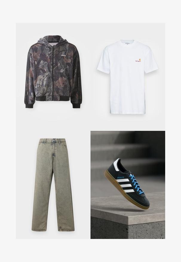 Hættetrøje med lynlås, der har et camouflage-mønster med brune og sorte bladdetaljer, sorte manchetter og tre sorte striber på ærmerne.; Hvid bomulds t-shirt med korte ærmer. Designet med et lille orange og maroon logo på venstre bryst. Har en klassisk rund hals.; Blå denim bukser med vid ben i en falmet grå farve, med knaplukning og traditionelt fem-lomme design med synlige syninger.; Sort Adidas sneaker med hvide striber, blå snørebånd og gummisål, der svæver over gråt betontrin i blødt lys.