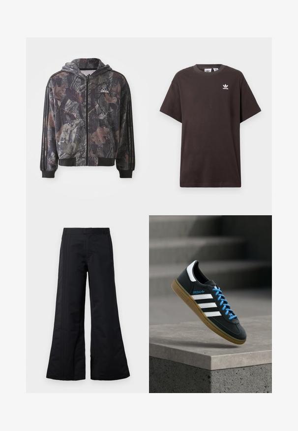 Chaqueta con capucha y cremallera que presenta un patrón de camuflaje con detalles en hojas marrones y negras, puños negros y tres rayas negras en las mangas.; Camiseta de algodón marrón oscuro con mangas cortas, cuello redondo y logo blanco de Adidas en el lado izquierdo del pecho. Diseño simple y de corte relajado.; Pantalones de pierna ancha negros, hechos de un tejido suave, con pliegues frontales y una cinturilla. Diseño limpio sin patrones ni acentos visibles.; Zapatilla negra Adidas con franjas blancas, cordones azules y suela de goma flotando sobre un escalón de hormigón gris con luz suave.