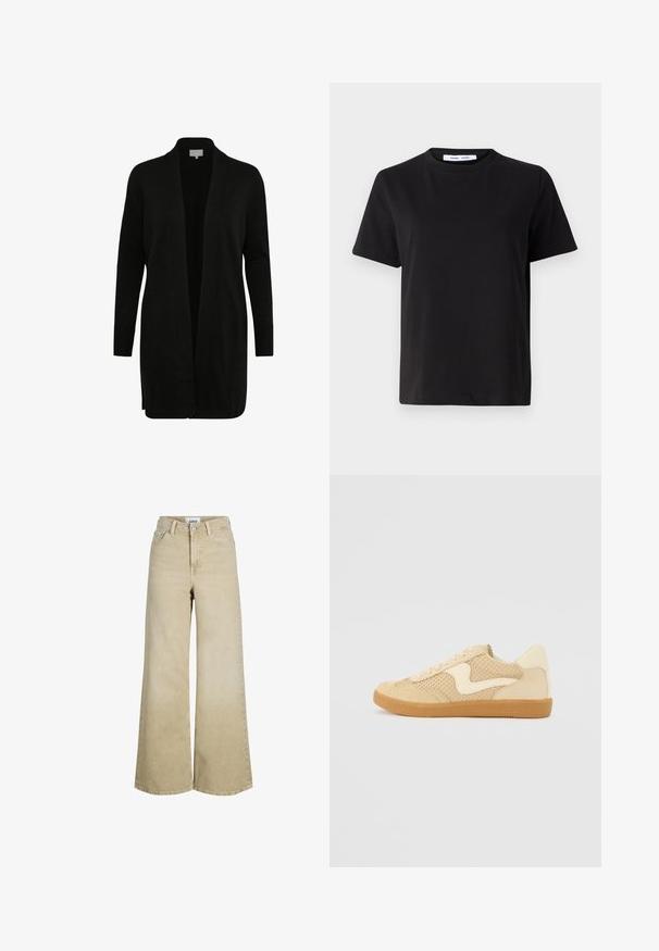 Cardigan negro con frente abierto, mangas largas, puños acanalados y una textura suave. Diseño simple sin patrones o acentos visibles.; Camiseta negra de manga corta hecha de algodón suave, con un cuello redondo, corte relajado y una textura lisa. Sin patrones ni gráficos visibles.; Vaqueros beige de cintura alta y pierna ancha con botones y cremallera delanteros, trabillas para cinturón y bolsillos frontales.; Zapatillas beige con materiales de ante y malla, forma redondeada, cuello acolchado prominente y suela de goma. Presenta un diseño en forma de ola como acento.