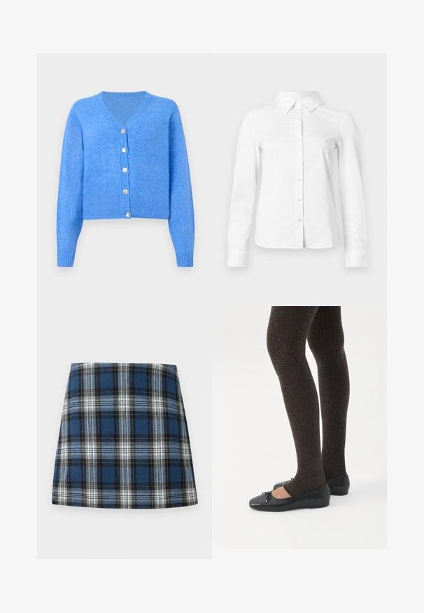 Cardigan en tricot bleu avec un décolleté en V, des manches longues et six boutons en métal argenté sur le devant. Texture douce avec des poignets et un ourlet côtelés.; Chemise blanche à manches longues avec boutons, col pointu, ourlet droit et silhouette ajustée, présentée sur un fond clair uni.; Jupe en tartan bleu présentant un motif à carreaux varié en bleu, noir et blanc. Fabriquée dans un tissu texturé avec une silhouette ajustée.; Jambes portant des leggings côtelés foncés associés à des ballerines noires avec de petits détails en nœud sur fond blanc.