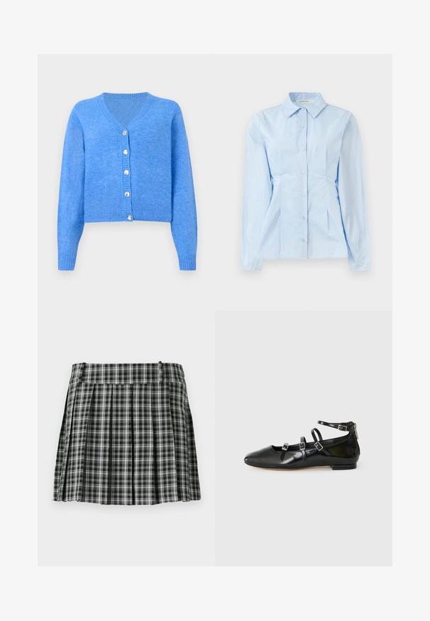 Cardigan en tricot bleu avec un décolleté en V, des manches longues et six boutons en métal argenté sur le devant. Texture douce avec des poignets et un ourlet côtelés.; Chemise à manches longues bleu clair avec un col pointu, texture unie et coutures créant une coupe ajustée. Cinq boutons sur le devant.; Jupe plissée à carreaux noir et blanc avec une taille lisse et de multiples plis verticaux. Fabriquée en tissu léger.; ALDO NELTA - Ballerines - black