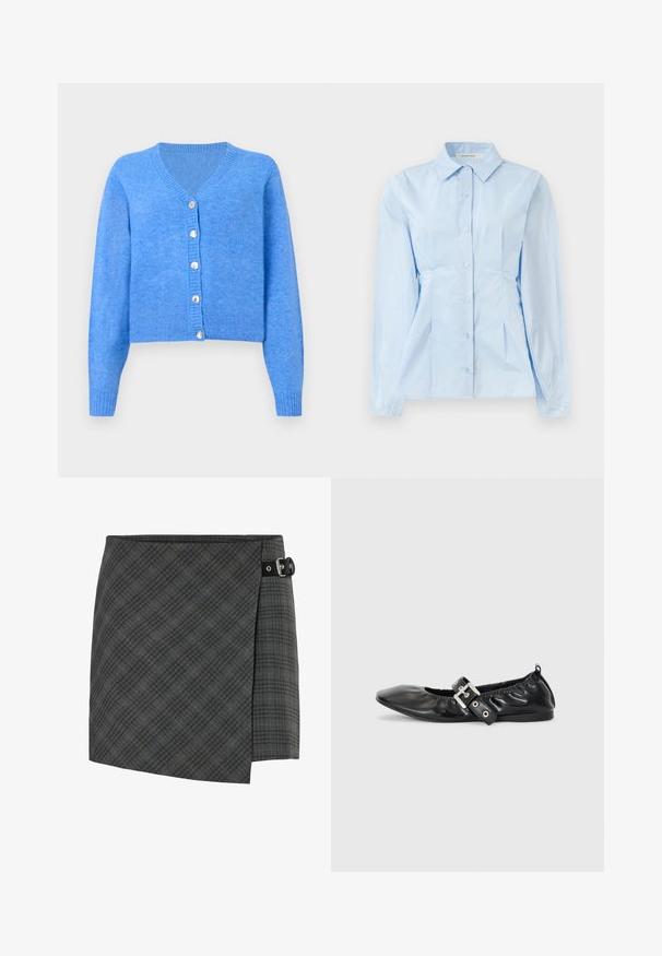 Μπλε πλεκτό cardigan με V- λαιμόκοψη, μακριά μανίκια και έξι ασημένια κουμπιά στο μπροστινό μέρος. Μαλακή υφή με ριμπ μανσέτες και στρίφωμα.; Ανοιχτό μπλε μακρυμάνικο πουκάμισο με κουμπιά και μυτερό γιακά, απλή υφή, και ραφές που δημιουργούν κομψή εφαρμογή. Πέντε κουμπιά μπροστά.; Σκούρο γκρι καρό φούστα από μάλλινο ύφασμα με λεπτομέρεια μαύρου κούμπωματος στη δεξιά πλευρά, ευθεία μέση και διακριτό μοτίβο διαγώνιων γραμμών.; Μαύρο δερμάτινο φλατ παπούτσι με μυτερή μύτη, συγκεντρωμένες λεπτομέρειες γύρω από το άνοιγμα και μια ασημένια αγκράφα ως λεπτομέρεια στη ρυθμιζόμενη λουρίδα.
