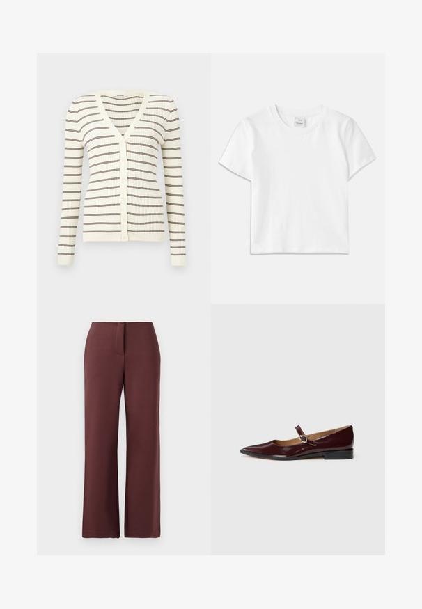 Cardigan crème côtelé à manches longues, rayures horizontales marron, col en V, et boutons sur le devant.; T-shirt en coton blanc avec un col rond, des manches courtes et un ourlet droit. Étiquette marquée "Won Hundred" au centre de l'encolure.; Pantalons larges bourgogne en tissu lisse, dotés d'une fermeture éclair, d'un ajustement sur mesure et de lignes épurées pour un aspect structuré.; Ballerines en cuir verni bordeaux de type Mary Jane avec un bout pointu, un talon plat et une sangle décorative avec une boucle circulaire.