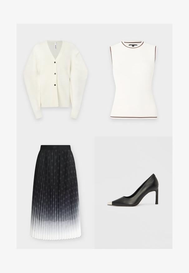 Cardigan en tricot blanc avec décolleté en V, longues manches balloon, poignets côtelés et trois boutons noirs sur le devant.; Haut blanc sans manches à côtes avec bordure marron sur l'encolure, les emmanchures et l'ourlet, présenté sur un fond uni.; Jupe plissée ombrée noir et blanc avec un motif floral subtil épars et une ceinture noire unie.; Chaussure à talon haut en cuir noir avec bout pointu et capuchon argenté métallique. Présente une finition lisse et un talon fin de 10 cm.
