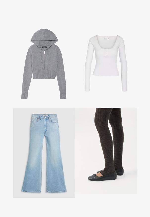 Gray cropped zip-up hoodie in a soft knit material. Features a hood, ribbed hem and cuffs, with a silver zipper detail.; White long-sleeve ribbed shirt with scoop neckline, three small front buttons, and lace trim around the collar.; Light blue flared jeans with a high waist, made of denim. Features a classic five-pocket design and a raw hem at the cuffs.; Legs wearing dark ribbed leggings paired with black ballet flats featuring small bow details on a white background.