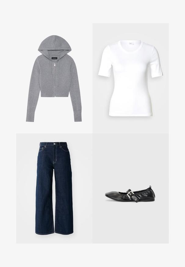 Haut de sweatshirt gris à zip, coupé et en matière tricot douce. Il présente une capuche, un ourlet et des poignets côtelés, avec un détail de fermeture éclair en argent.; T-shirt blanc à manches courtes en coton lisse, doté d'un col rond et d'une coupe ajustée. Design classique, sans motifs ni accents.; Jeans en denim bleu foncé à jambes larges avec des coutures contrastées, un design à cinq poches et une fermeture à bouton à la taille.; Chaussure plate en cuir noir avec un nez pointu, des détails froncés autour de l'ouverture et un accent en boucle argentée sur la bride ajustable.