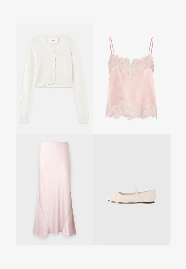 Crop witte cardigan met een v-hals, knoopsluiting en geribde manchetten. Gemaakt van een zachte gebreide stof met een subtiele textuur.; Lichtroze satijnen hemdje met witte kanten afwerking langs de halslijn en zoom, met dunne verstelbare schouderbandjes.; Lichtroze satijnen midi-rok met een A-lijn silhouet en subtiele diagonale naaddetails op een effen achtergrond.; Ballerina's met een lichte beige suède bovenwerk, een puntige neus en een dunne elastische band over de wreef. Platte zool met een minimale rubberen accent.