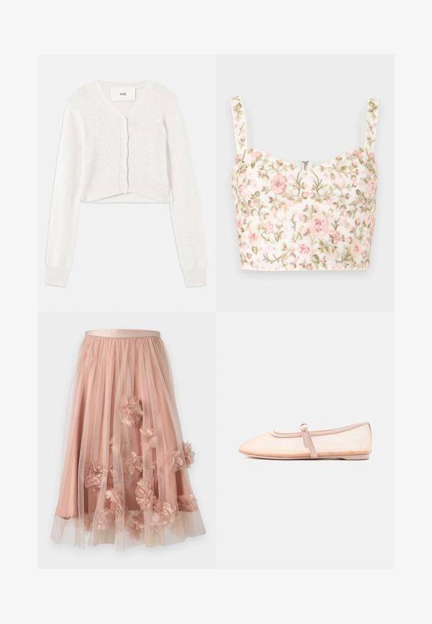 Crop witte cardigan met een v-hals, knoopsluiting en geribde manchetten. Gemaakt van een zachte gebreide stof met een subtiele textuur.; Witte cropped top met roze en groene bloemrijke borduursels en dunne bandjes, met een kleine centrale rits aan de halslijn.; Tule rok in zachtroze met een satijnen tailleband. Voorzien van gelaagde doorschijnende stof en driedimensionale bloemapplicaties verspreid over het geheel.; Licht beige platte schoen met een puntige neus en een enkele gesp aan de zijkant, weergegeven op een effen witte achtergrond.