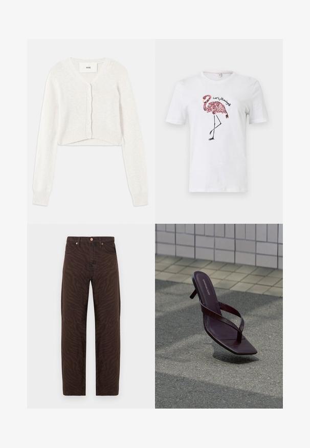 Cárdigan blanco cropped con escote en V, cierre de botones y puños acanalados. Fabricado en un tejido de punto suave con una textura sutil.; Camiseta blanca de manga corta con un flamenco rosa de lentejuelas y texto negro "Let's flamingo" en el frente.; Jeans de tiro alto marrones con estampado de cebra oscuro, cinco bolsillos, cierre de botón y corte de pierna recta sobre fondo blanco.; Sandalia de tacón marrón oscuro con puntera cuadrada y tiras delgadas flotando sobre un pavimento texturizado cerca de una pared con azulejos.