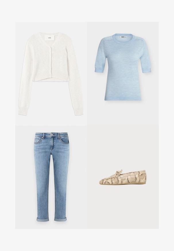 Cárdigan blanco cropped con escote en V, cierre de botones y puños acanalados. Fabricado en un tejido de punto suave con una textura sutil.; Jersey de punto azul claro de manga corta con cuello redondo y puños y bajo acanalados, colocado plano sobre un fondo blanco.; Vaqueros de mezclilla azul claro con puños enrollados, diseño de cinco bolsillos, cremallera y cierre de botón.; Mocasín plano beige y marrón con estampado de piel de serpiente, punta redondeada y detalle de hebilla en la parte superior, mostrado de lado sobre un fondo liso.