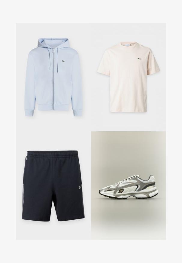 Sweat à capuche bleu clair zippé avec poches avant, capuche à cordon, poignets côtelés et petit logo crocodile vert sur la poitrine.; T-shirt uni beige clair à manches courtes avec col rond et petit logo crocodile vert sur la poitrine gauche.; Shorts de sport noirs avec une taille élastique, des bandes blanches sur les côtés et un petit logo de crocodile vert sur la jambe droite.; Chaussure de sport avec une tige en mesh blanc, des accents gris, une semelle en caoutchouc noire et un design épuré. Elle présente des lacets et des détails texturés.
