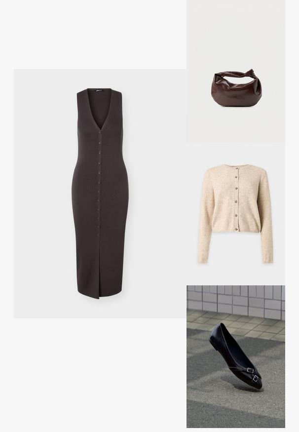 Beiger langärmeliger Cardigan mit Knöpfen, rundem Ausschnitt sowie gerippten Bündchen und Saum, dargestellt auf einem schlichten hellgrauen Hintergrund.; Ärmelloses dunkelbraunes Strickkleid mit tiefem V-Ausschnitt, vorderer Knopfleiste und knielangem Schlitz am Saum.; Schwarzer spitzer Ballerinaschuh mit zwei kleinen silbernen Schnallen, der über Asphalt nahe einer gefliesten Wand schwebt.; Dunkelbraune Lederschultertasche mit weicher, lockerer Form und einem gedrehten Knotengriff vor schlichtem weißem Hintergrund.