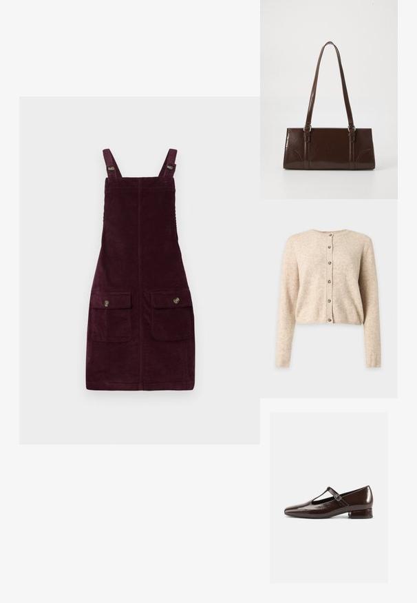Beige cardigan met lange mouwen en knopen, een ronde halslijn en geribbelde manchetten en zoom, weergegeven op een effen lichtgrijze achtergrond.; Katoenen jurk in diep bordeauxrood, met verstelbare schouderbanden, voorsluitingen met metalen hardware en een getailleerde pasvorm. Gelaagd stof.; Bruine lakleren Mary Jane-schoenen met een afgeronde neus, een uitgesneden ontwerp en een verstelbare riem. Lage blokhak.; Bruine lakleren handtas met een rechthoekige vorm, twee lange handvatten en subtiele gebogen accenten aan de voorkant.