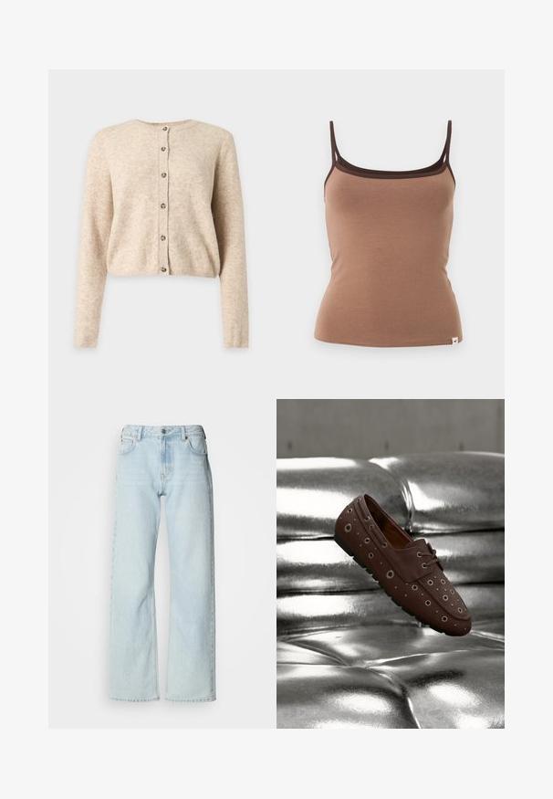 Beiger langärmeliger Cardigan mit Knöpfen, rundem Ausschnitt sowie gerippten Bündchen und Saum, dargestellt auf einem schlichten hellgrauen Hintergrund.; Braunes figurbetontes Camisole mit dünnen doppelten Schulterträgern und dunkelbraunem Besatz entlang des Ausschnitts vor einfarbigem Hintergrund.; Hellblaue Jeans mit weitem Bein aus Denim. Verfügen über ein klassisches Fünf-Taschen-Design, Gürtelschlaufen und einen Knopfverschluss. Leicht verwaschene Textur.; Brauner Mokassinschuh mit metallischen Ösen auf einer silbernen, gesteppte Lederoberfläche, schwebend oder in Bewegung dargestellt.