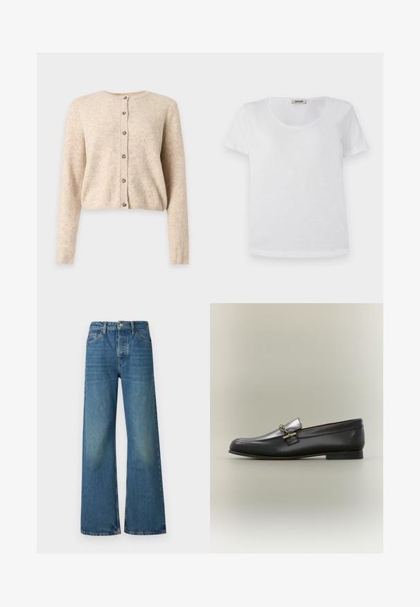 Beige cardigan met lange mouwen en knopen, een ronde halslijn en geribbelde manchetten en zoom, weergegeven op een effen lichtgrijze achtergrond.; Witte t-shirt met korte mouwen, gemaakt van zachte stof, met een ronde halslijn en een rechte zoom zonder zichtbare patronen of accenten.; Brede blauwe denim jeans met een vervaagde was, vijf-pocket ontwerp en een standaard knoop- en ritsluiting. Duurzaam katoenmateriaal.; Zwarte leren loafer met zilveren bovenkant, gouden kettingdetail, lage hak en afgeronde neus op een neutrale achtergrond.