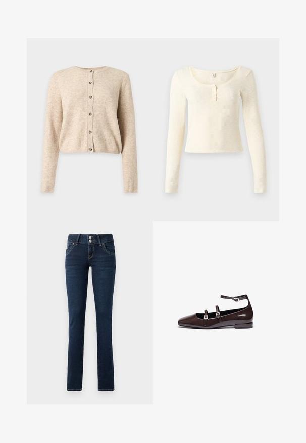 Beiger langärmeliger Cardigan mit Knöpfen, rundem Ausschnitt sowie gerippten Bündchen und Saum, dargestellt auf einem schlichten hellgrauen Hintergrund.; Langärmliges, geripptes Strickoberteil in hellem Creme; mit rundem Ausschnitt und einer Leiste mit drei Knöpfen. Weiche Textur und figurbetontes Design.; Dunkelblaue Skinny-Jeans mit doppelt-knopfverschluss, Fronttaschen und gelben Nähten auf einem weißen Hintergrund.; Braune Lacklederschuhe mit spitzem Zehenbereich, ausgestattet mit zwei verstellbaren Riemen und silbernen Schnallen sowie einem niedrigen, quadratischen Absatz.