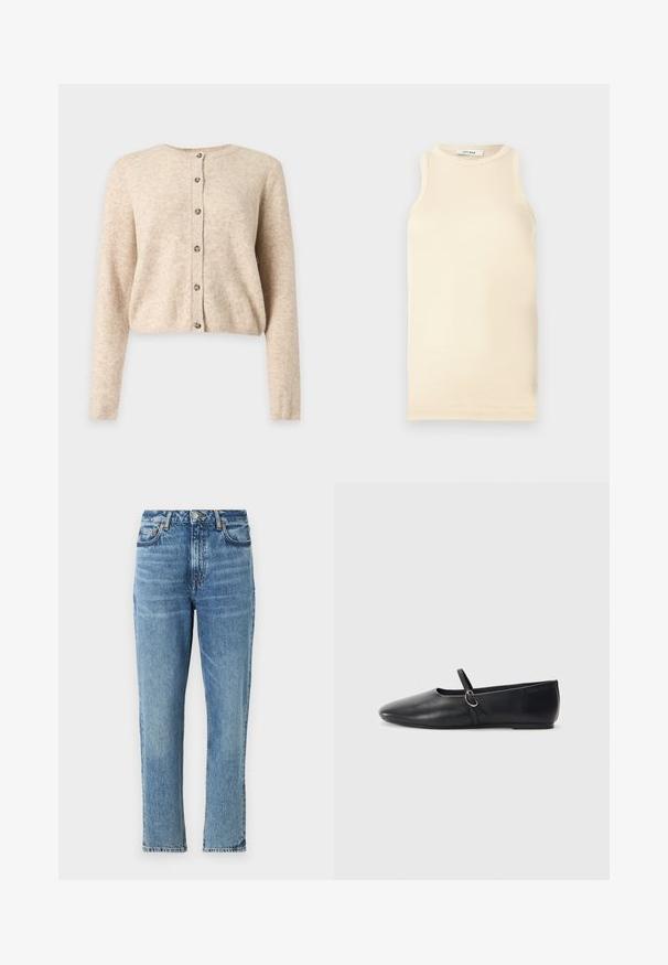 Beiger langärmeliger Cardigan mit Knöpfen, rundem Ausschnitt sowie gerippten Bündchen und Saum, dargestellt auf einem schlichten hellgrauen Hintergrund.; Helles beiges ärmelloses Top aus geripptem Stoff, mit einem runden Ausschnitt und figurbetontem Design. Glatte Textur mit minimalen Nähten.; Hellblaue Denim-Jeans mit hoher Taille, geradem Bein Design und verblasster Textur. Mit silbernem Hardware und kontrastierenden Nähten.; Schwarze Leder-Ballettschuhe mit spitzem Schuhzeug, flacher Sohle und einem kleinen Riemen mit silberner Schnalle.