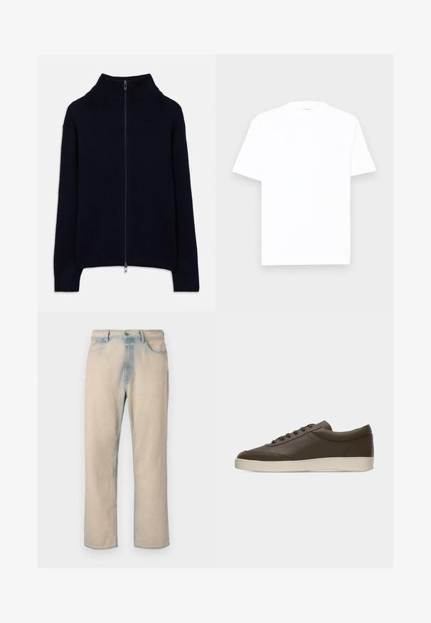 Marineblauer, gerippter Strickpullover mit langen Ärmeln, hohem Kragen und einem durchgehenden silbernen Reißverschluss, flach auf einem weißen Hintergrund ausgelegt.; Weißes Baumwoll-T-Shirt mit Rundhalsausschnitt, kurzen Ärmeln und lässiger Passform. Glatte Textur, minimale Details und ohne Muster oder Grafiken.; Helle beige Jeans aus Denim mit geradem Bein, verblassten blauen Akzenten, fünf Taschen und einem Knopfverschluss an der Taille.; Dunkelbrauner Sneaker aus Leder mit niedrigem Schaft, Schnürung an der Vorderseite und kremfarbenem Gummisohlenrand, von der Außenseite auf weißem Hintergrund gezeigt.