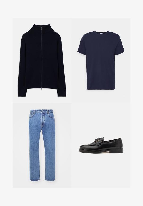 Marineblauer, gerippter Strickpullover mit langen Ärmeln, hohem Kragen und einem durchgehenden silbernen Reißverschluss, flach auf einem weißen Hintergrund ausgelegt.; Marineblaues T-Shirt mit kurzen Ärmeln aus weichem Stoff. Es hat einen Rundhalsausschnitt und einen geraden Schnitt ohne Muster oder Akzente.; Won Hundred STEVE - Jeans Relaxed Fit - cut blue; Schwarze Leder-Lederschuhe mit abgerundeter Zehenpartie und dekorativem Schnallenakzent. Flacher, solider Absatz und durchgehend glatte Oberfläche.
