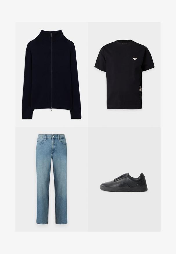 Marineblauer, gerippter Strickpullover mit langen Ärmeln, hohem Kragen und einem durchgehenden silbernen Reißverschluss, flach auf einem weißen Hintergrund ausgelegt.; Schwarzes Kurzarm-T-Shirt mit kleinem weißen Logo auf der linken Brust und teilweise weißem Schriftzug auf der rechten Seite.; Hellblaue Jeans aus Denim mit geradem Schnitt, fünf Taschen und einem Knopfverschluss an der Taille. Abgesteppte Details entlang der Nähte.; Schwarze Leder-Sneaker mit glatter Oberfläche, abgerundeter Zehenpartie, strukturiertem Seitenpaneel und schwarzen Schnürsenkeln. Verfügt über eine flache Gummisohle und ein minimalistisches Design.