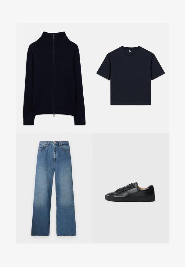 Suéter de punto acanalado azul marino con mangas largas, cuello alto y un cierre metálico plateado en toda la parte delantera, tendido en una superficie blanca.; Camiseta de manga corta azul marino, hecha de algodón. Diseño de cuello redondo con dobladillo recto y un logotipo mínimo en la esquina inferior izquierda.; Jeans de denim azul de pernera ancha con un diseño clásico de cinco bolsillos, cierre frontal con botón y un ligero desgastado para dar textura.; Zapatilla negra de cuero con una textura suave, puntera redonda y cierre de cordones. Presenta una suela de goma gruesa y un detalle de marca mínimo.