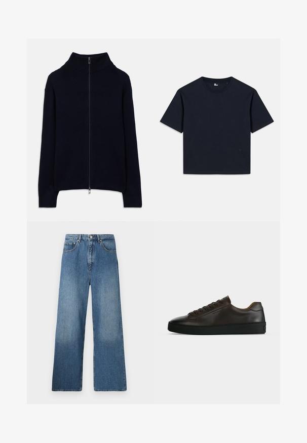Marineblauwe ribgebreide trui met lange mouwen, hoge kraag en een volledige zilveren rits aan de voorkant, plat gelegd op een witte achtergrond.; Navyblauw T-shirt met korte mouwen, gemaakt van katoen. Ronde hals met een rechte zoom en minimale branding in de onderste linkerhoek.; Lange blauwe denim jeans met een klassiek vijf-pocket ontwerp, voor sluiting met een knoop en een lichte vervaging voor textuur.; Low-profile donkerbruine leren sneaker met zwarte rubberen zool, veters aan de voorkant en een strak minimalistisch design op een lichte achtergrond.