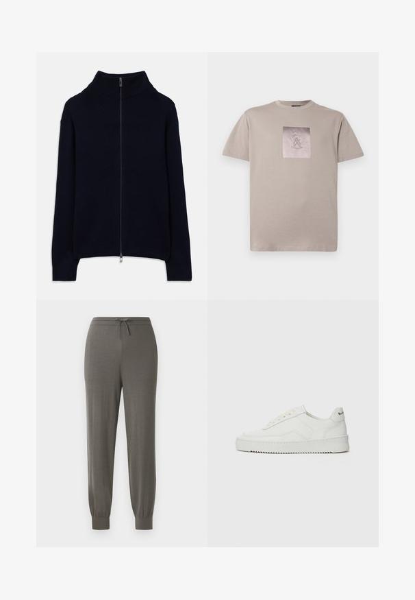 Pull en tricot côtelé bleu marine avec des manches longues, un col montant et une fermeture éclair argentée sur toute la longueur, posé à plat sur un fond blanc.; T-shirt en coton beige avec un col rond et des manches courtes. Présente un motif graphique carré au centre, avec du texte gris et des accents de design.; Pantalons de jogging gris avec une taille à cordon, des poignets effilés, une texture de tissu douce et un design lisse et minimaliste.; Baskets en cuir blanc avec une finition lisse, bout arrondi, lacets plats et semelle texturée. Présente un logo discret sur le talon.