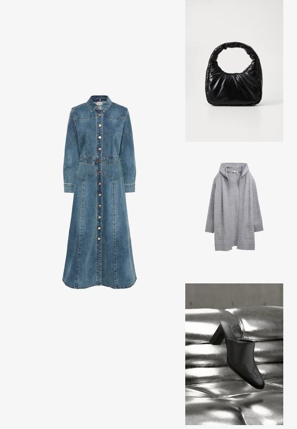 Vaaleanharmaa avoin neuletakki, jossa on pitkät hihat, ribbien kärkiosat, helma ja kaksi etutaskua.; Denim midi mekko vaaleansinisena. Siinä on napitettavat etuosat, pistekaulus, pitkät hihat ja kaksi etutaskua erottuvilla ompeleilla.; Musta nahkainen mokkasiini, jossa on tukevahko korko, lepää kiiltävällä hopeanvärisellä tupsupinnalla korostaen sen virtaviivaista muotoilua ja kaarevia yksityiskohtia.; Musta pehmeä laukku pyöreällä kahvalla, jossa on sileä, kiiltävä pinta ja pehmeä, vuorattu rakenne. Ei näkyvää metalliosaa tai koristeita.