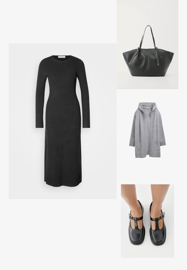 Lys grå åben strik cardigan med lange ærmer, ribbede manchetter, kant og to forlommer.; Langærmet, mørkegrå strikkjole med en tætsiddende silhuet, rund halsudskæring og sideslids for nem bevægelse. Glat tekstur hele vejen igennem.; Sorte lædersko med T-rem-design, lukket tå og sølvfarvede spændeaccenter. Glat tekstur med rundet tå og flad sål.; Vero Moda VMDITTA - Shopping bags - black