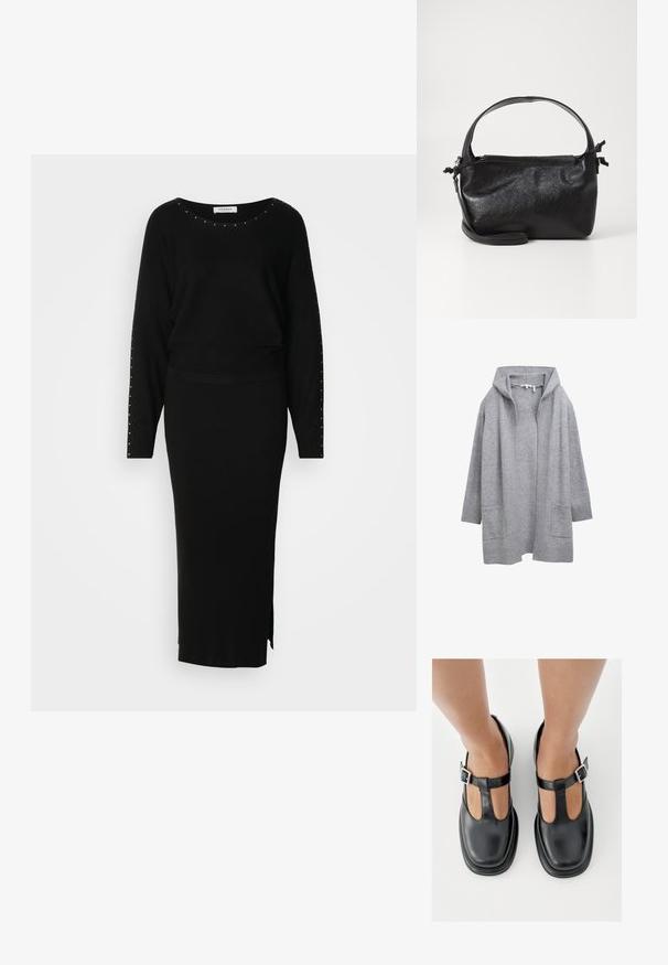 Hellgraue, offene Strickjacke mit langen Ärmeln, gerippten Bündchen, Saum und zwei vorderen aufgesetzten Taschen.; Schwarzes gestricktes Zweiteiler-Outfit, bestehend aus einem Langarm-Oberteil mit Nietenverzierungen und einem eng anliegenden, gerippten Maxirock mit seitlichem Schlitz.; Schwarze Lederschuhe mit T-Riemen-Design, geschlossenem Zehenbereich und silbernen Schnallenakzenten. Glatte Textur mit rundem Zehenbereich und flacher Sohle.; Schwarze Lederhandtasche mit strukturiertem Design, rundem Haltegriff und abnehmbarem Schulterriemen. Sie weist eine glatte Oberfläche und einen subtilen Glanz auf.