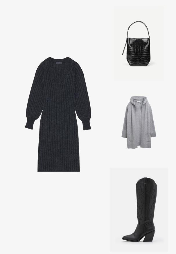 Lys grå åben strik cardigan med lange ærmer, ribbede manchetter, kant og to forlommer.; Mørkegrå strikket kjole med V-udskæring og lange, ballonformede ærmer. Har en tætsiddende talje og tekstureret stof for varme.; Sort læder cowboystøvle med spids toe, en konisk stablet hæl og dekorativ syning langs siderne.; Sort spandtaske i krokodillepræget læder med enkelt skulderrem og lille sølvfarvet mærkelogo foran nederst i midten.
