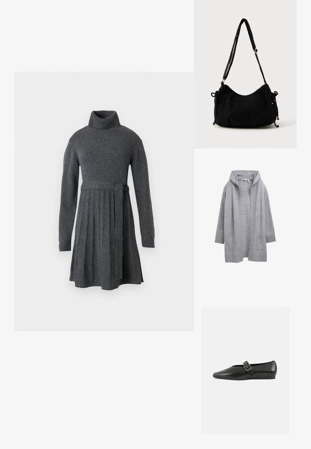 Hellgraue, offene Strickjacke mit langen Ärmeln, gerippten Bündchen, Saum und zwei vorderen aufgesetzten Taschen.; Graues Strickkleid mit hohem Rollkragen, langen Ärmeln, betontem Taillengürtel und Plissee-Rockdetails.; Schwarze Lederflachschuhe mit spitzem Zehenbereich, ausgestattet mit einem metallischen Riemen über dem Spann und einer niedrigen, flexiblen Sohle.; Schwarze Cordtasche mit geschwungener Form, verstellbarem Schultergurt und Kordelzugverschlüssen an beiden Seiten zur Größenanpassung.