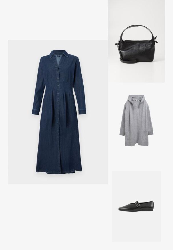 Hellgraue, offene Strickjacke mit langen Ärmeln, gerippten Bündchen, Saum und zwei vorderen aufgesetzten Taschen.; Denim-Hemdkleid in Dunkelblau; mit langen Ärmeln, durchgehender Knopfleiste und Kragen. Ausgestellt geschnitten mit vertikalen Nähten und mittlerer Länge.; Schwarze Lederflachschuhe mit spitzem Zehenbereich, ausgestattet mit einem metallischen Riemen über dem Spann und einer niedrigen, flexiblen Sohle.; Schwarze Lederhandtasche mit strukturiertem Design, rundem Haltegriff und abnehmbarem Schulterriemen. Sie weist eine glatte Oberfläche und einen subtilen Glanz auf.