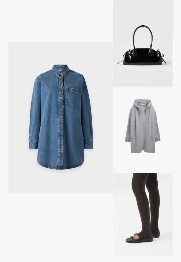 Lys grå åben strik cardigan med lange ærmer, ribbede manchetter, kant og to forlommer.; Denimskjorte i mellemblå med lange ærmer, knaplukning foran, spidse krave og brystlomme. Har synlige stikninger som detalje.; Ben iført mørke ribbede leggings kombineret med sorte balletsko med små sløjfedetaljer på hvid baggrund.; Lille sort blank håndtaske med to lange håndtag og snøre-detaljer i siden på en ensfarvet lys baggrund.