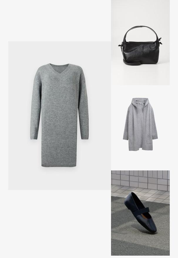 Hellgraue, offene Strickjacke mit langen Ärmeln, gerippten Bündchen, Saum und zwei vorderen aufgesetzten Taschen.; Langärmliges graues Strickkleid mit V-Ausschnitt sowie gerippten Bündchen und Saum, präsentiert vor einfachem weißem Hintergrund.; Schwarze Leder-Ballerina mit runder Zehenpartie, ausgestattet mit einem weichen schwarzen Elastikband über dem Vorderfuß. Glatte Textur und minimalistisches Design.; Schwarze Lederhandtasche mit strukturiertem Design, rundem Haltegriff und abnehmbarem Schulterriemen. Sie weist eine glatte Oberfläche und einen subtilen Glanz auf.