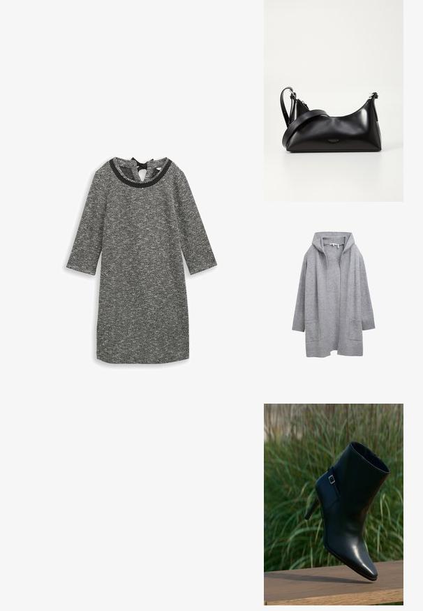 Hellgraue, offene Strickjacke mit langen Ärmeln, gerippten Bündchen, Saum und zwei vorderen aufgesetzten Taschen.; Graues Herringbone-Kleid mit dreiviertelärmeln und rundem Halsausschnitt. Mit einem Schlittenschnitt im Rücken und strukturiertem Stoff.; Schwarzer Leder-Stiefel mit spitz zulaufender Kappe, gestapeltem Absatz, schimmernder Textur und einem dekorativen Riemen mit silberner Schnalle.; Schwarze lederne Handtasche mit glatter Textur. Verfügt über einen verstellbaren Riemen und ein elegantes, minimalistisches Design mit einem Reißverschluss.