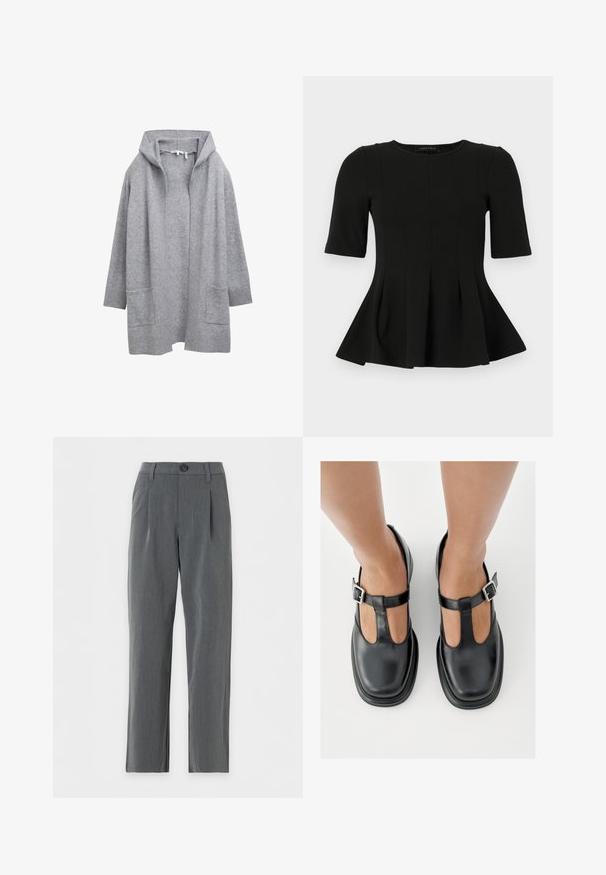 Hellgraue, offene Strickjacke mit langen Ärmeln, gerippten Bündchen, Saum und zwei vorderen aufgesetzten Taschen.; Schwarzes kurzärmliges Peplum-Oberteil mit rundem Ausschnitt und vertikalen Nahtdetails, vor einem weißen Hintergrund präsentiert.; Gerade geschnittene graue Anzughose mit Gürtelschlaufen, vorderem Knopfverschluss und Falten in Taillennähe vor weißem Hintergrund.; Schwarze Lederschuhe mit T-Riemen-Design, geschlossenem Zehenbereich und silbernen Schnallenakzenten. Glatte Textur mit rundem Zehenbereich und flacher Sohle.