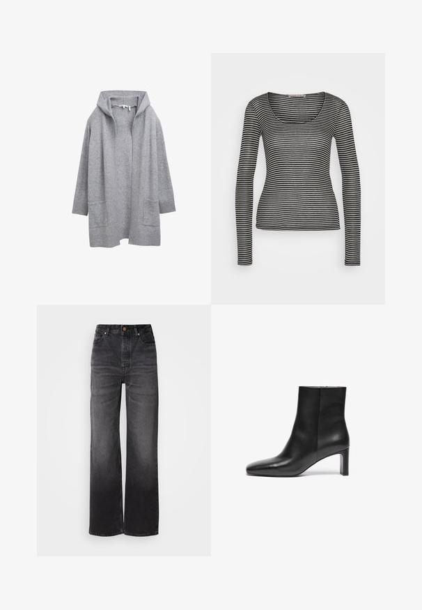 Cardigan en tricot gris clair à ouvrir, avec des manches longues, des poignets et un ourlet côtelés, ainsi que deux poches plaquées à l'avant.; Anna Field T-shirt à manches longues - black/beige; Jeans en denim noir évasés à taille haute, cinq poches, fermeture à bouton et texture légèrement décolorée. Tissu épais avec une coupe structurée.; Bottine en cuir noir avec un bout pointu, un talon effilé et une texture lisse ; elle dispose d'une fermeture éclair sur le côté.
