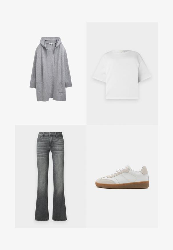 Cardigan en tricot gris clair à ouvrir, avec des manches longues, des poignets et un ourlet côtelés, ainsi que deux poches plaquées à l'avant.; T-shirt blanc court en coton lisse, avec un col rond et des manches courtes et larges. Design simple et épuré sans motifs visibles.; Jean gris évasé en denim, avec une taille mi-haute, un léger délavage et un design classique à cinq poches.; Baskets en cuir blanc avec des accents en suède beige, languette texturée et semelle en caoutchouc. Elles sont dotées de lacets blancs et de détails couture subtils.