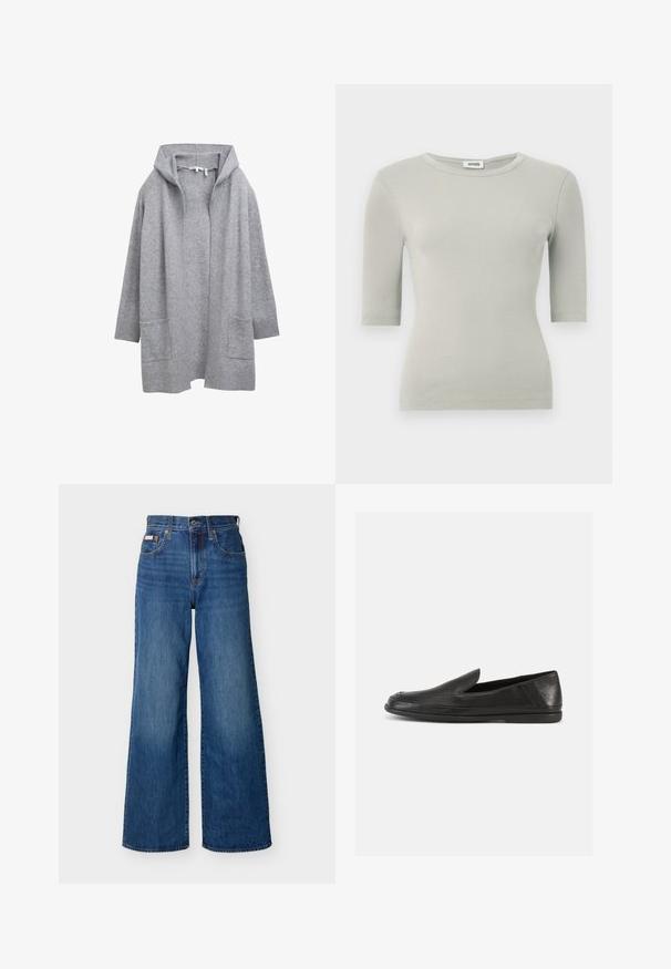 Hellgraue, offene Strickjacke mit langen Ärmeln, gerippten Bündchen, Saum und zwei vorderen aufgesetzten Taschen.; Hellgraues, geripptes Kurzarmshirt mit rundem Ausschnitt und figurbetonter Passform. Glatte Textur und dezente Dehnbarkeit für Komfort.; Blaue Jeans mit weitem Bein, hoher Taille, vorderer Knopfleiste, Reißverschluss und Fünf-Taschen-Design vor einem schlichten Hintergrund.; Schwarze Leder-Halbschuhe mit glatter Oberfläche, rundem Zehenbereich und einem minimalistischen Design. Verfügen über eine niedrige, flexible Gummisohle.
