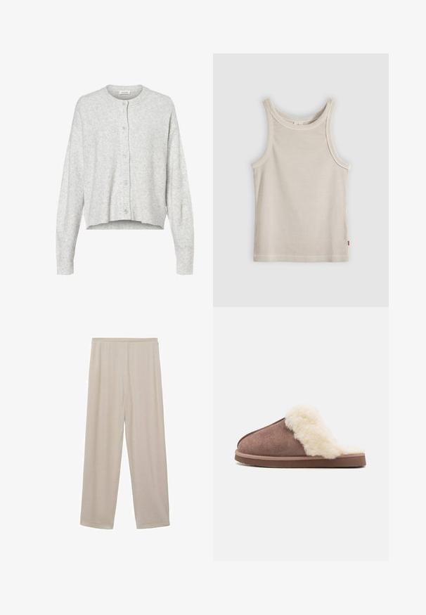 Hellgraue Strickjacke aus weichem Material, mit Rundhalsausschnitt, langen Ärmeln und fünf Knopfverschlüssen an der Vorderseite. Kurzer Saum.; Beiges ärmelloses Tanktop mit Rippstruktur, rundem Halsausschnitt und schmaler Passform, vor einem grauen Hintergrund dargestellt.; Beige, leichte Baumwollhose mit geradem Bein, elastischem Bund und glatter Textur. Keine sichtbaren Muster oder Beschläge.; Braune Wildlederhausschuhe mit einem flauschigen, cremefarbenen Kunstfellfutter, offenem Rückendesign und flacher Gummisohle, die eine weiche Textur und einen gemütlichen Look zeigen.