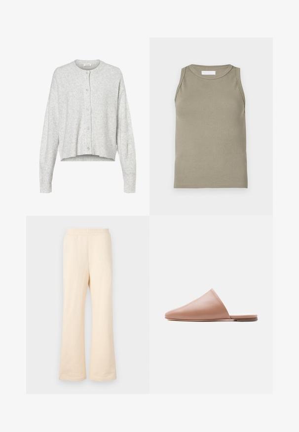 Cardigan gris clair en matériau doux, avec un col rond, des manches longues et cinq boutons de fermeture à l'avant. Ourlet court.; Débardeur côtelé vert olive, avec un col rond et un design sans manches. Confectionné en matière douce et extensible avec une silhouette ajustée.; Pantalons de survêtement beige à jambes larges en coton doux, avec une taille élastique et un logo brodé subtil sur le côté gauche à l'avant.; Mule en cuir beige, sans talon, à bout pointu et semelle plate, présenté en profil latéral sur un fond clair uni.