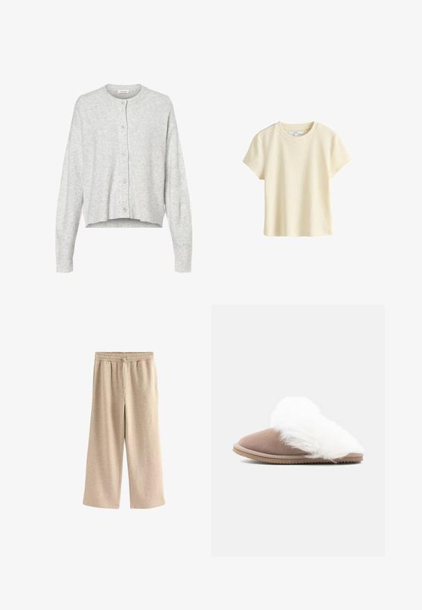 Hellgraue Strickjacke aus weichem Material, mit Rundhalsausschnitt, langen Ärmeln und fünf Knopfverschlüssen an der Vorderseite. Kurzer Saum.; Kurzärmliges, geripptes cremefarbenes Crop-Top mit Rundhalsausschnitt, auf weißem Hintergrund dargestellt, mit kleinem Markenetikett innen am Kragen.; Cremefarbene Schlaghosen aus einem weichen Baumwollmix. Sie verfügen über einen elastischen Bund mit Kordelzug und einer dezenten gesprenkelten Textur.; Braune Wildleder-Pantoffel zum Hineinschlüpfen mit dicker, weißer Kunstfellfütterung und einer geriffelten Gummisohle, seitlich auf einem weißen Hintergrund gezeigt.